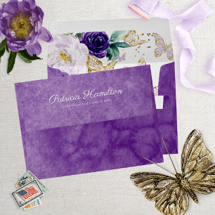 Enveloppe Douze ans, papillon floral aquarelle violet