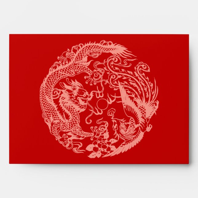 Enveloppe Dragon Phoenix mariage rouge chinois adresse de re (Devant)