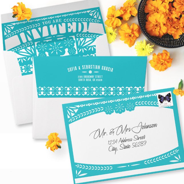 Enveloppe Drapeau de Papel Picado de Fiesta Mexicaine TEAL I (Teal papel picado bunting flag Mexican fiesta invitation envelope, birthday, baby shower, wedding)
