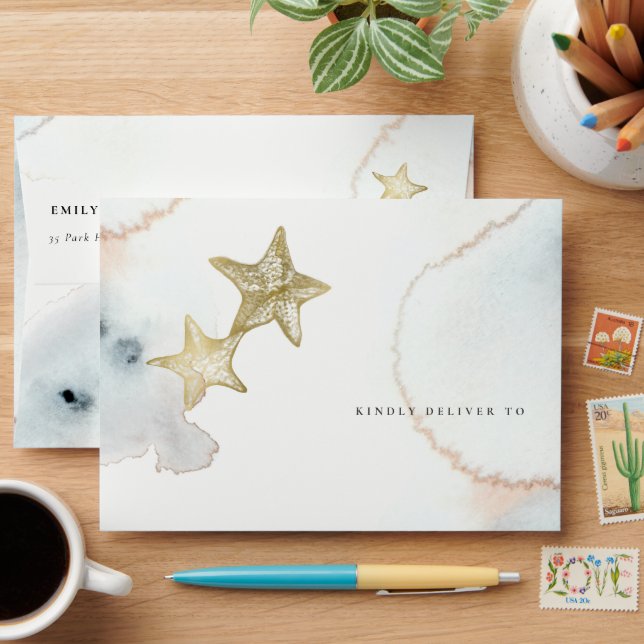 Enveloppe Dusky Gold Blue Beach Starfish Aquarelle Adresse (Desk)
