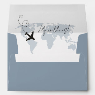 Enveloppe Dusty Blue Destination Airplaine World map Mariage