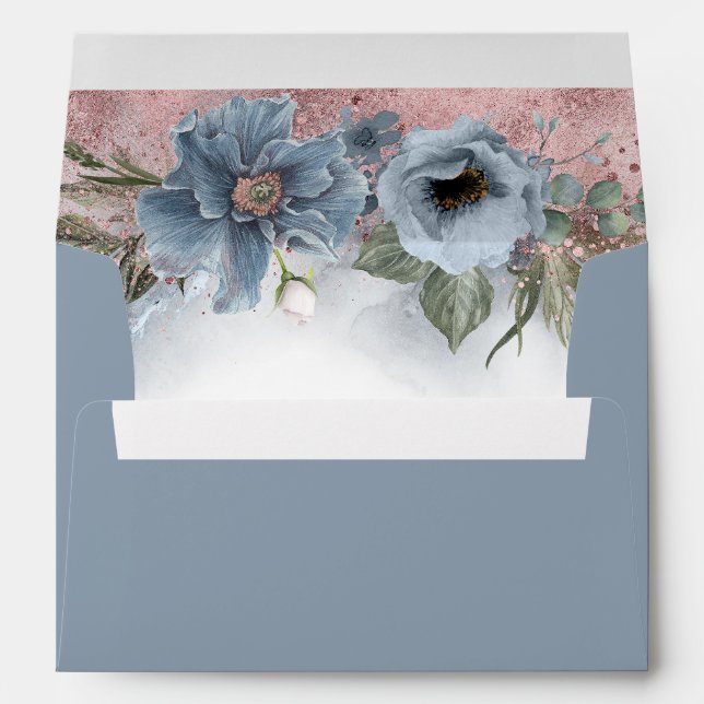 Enveloppe Dusty Blue et Rose Gold Parties scintillant Floral (Dos (Bas))