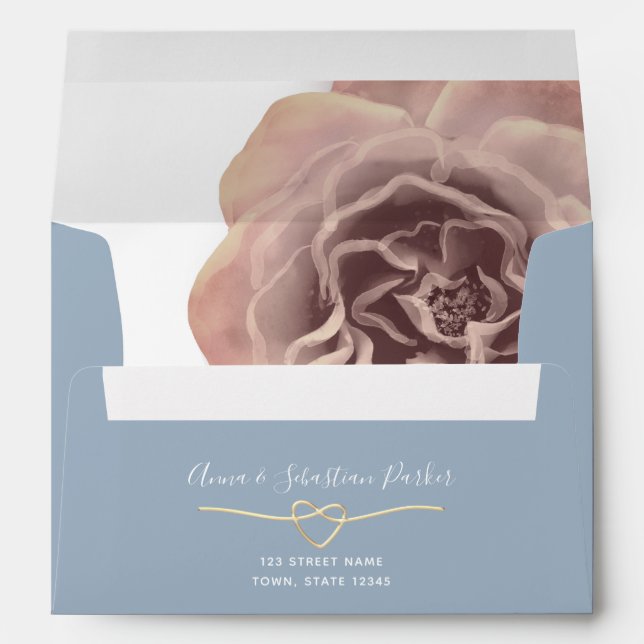 Enveloppe Dusty Blue Gold Heart Floral Mariage (Dos (Bas))
