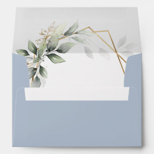 Enveloppe Dusty Blue Greenery Gold Mariage géométrique Rusti
