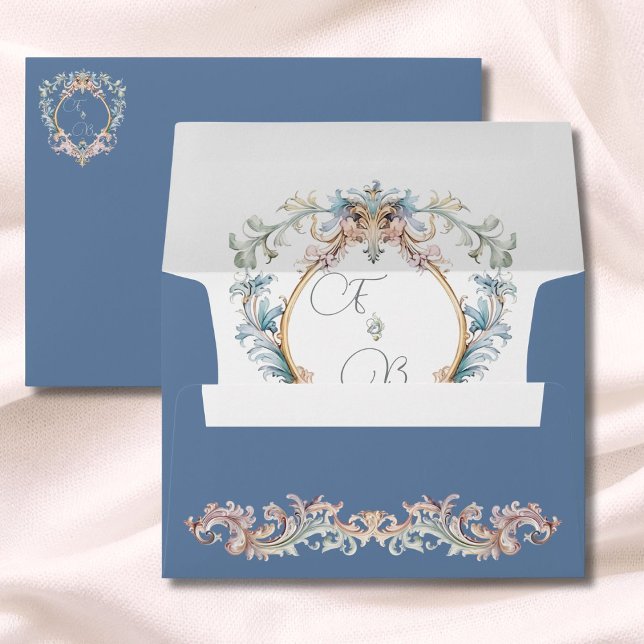 Enveloppe Dusty Blue Mariage Regency Elegant Monogram Crest (Créateur téléchargé)