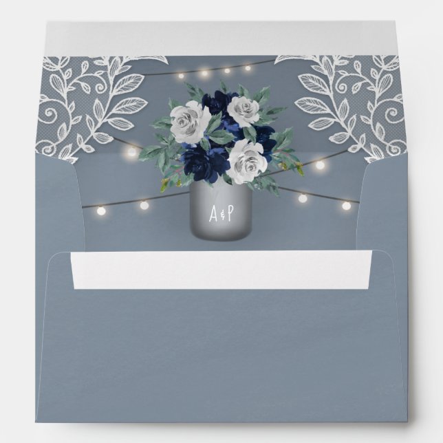 Enveloppe Dusty Blue Pays Blanche dentelle Mason Jar Mariage (Dos (Bas))