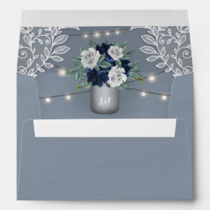 Enveloppe Dusty Blue Pays Blanche dentelle Mason Jar Mariage