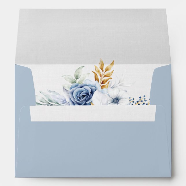 Enveloppe Dusty Blue White Gold Floral Mariage (Dos (Bas))