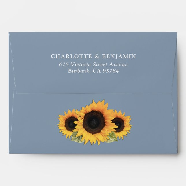 Enveloppe Dusty Blue Yellow Sunflower Mariage Adresse de ret (Dos (Haut rabat))