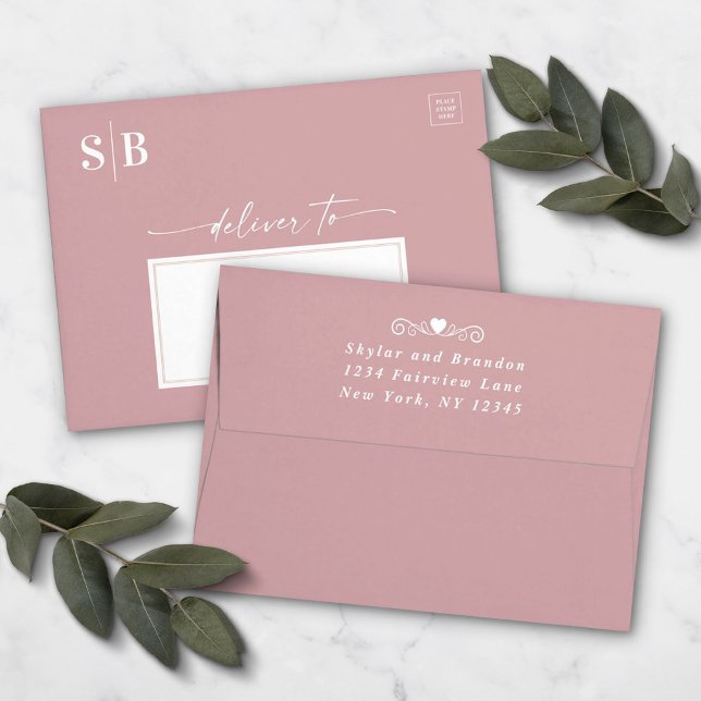 Enveloppe Dusty Mauve rose Monogramme 5x7 Faire-part de mari (Créateur téléchargé)