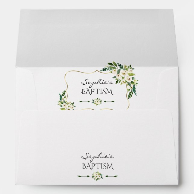 Enveloppe Elégant Aquarelle Blanc Floral Or Frame Baptême (Dos (Bas))