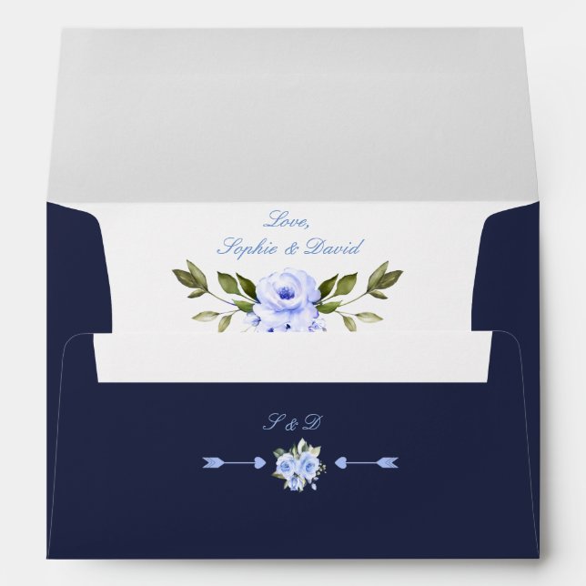 Enveloppe Elégant Aquarelle bleu Fleurs Mariage de cadre (Dos (Bas))