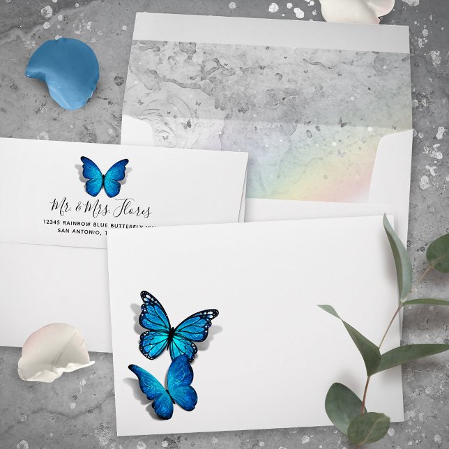 Enveloppe Élégant Arc en ciel et Mariage papillon bleu (Blue butterfly envelopes with an elegant rainbow liner, personalized with your return address!)
