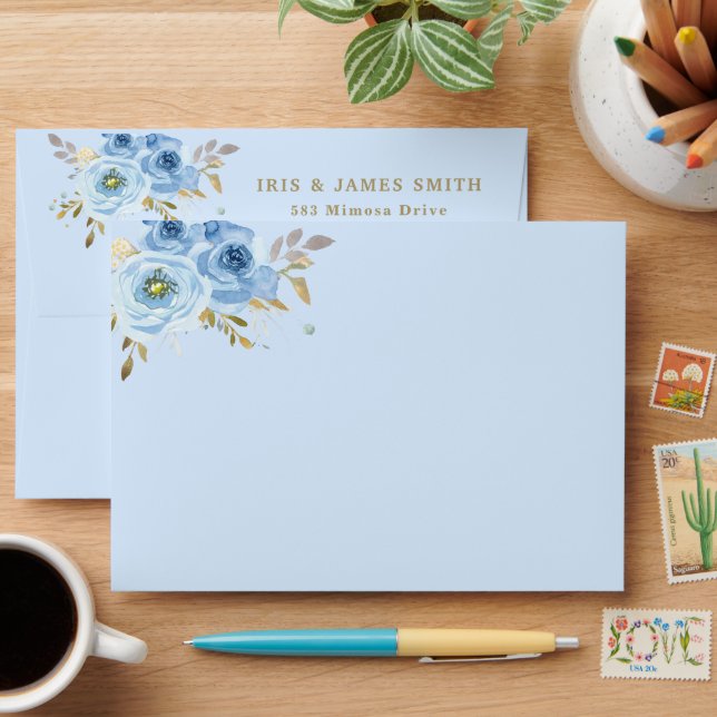 Enveloppe Élégant Bébé Bleu Floral Fleurs Or Foliage A7 (Desk)