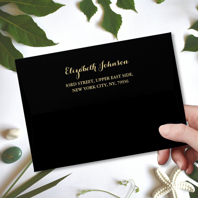 Enveloppe Élégant Black Gold Script Nom Adresse de retour 5x (Elegant Black Gold Script Name Return Address 5x7 Envelope)