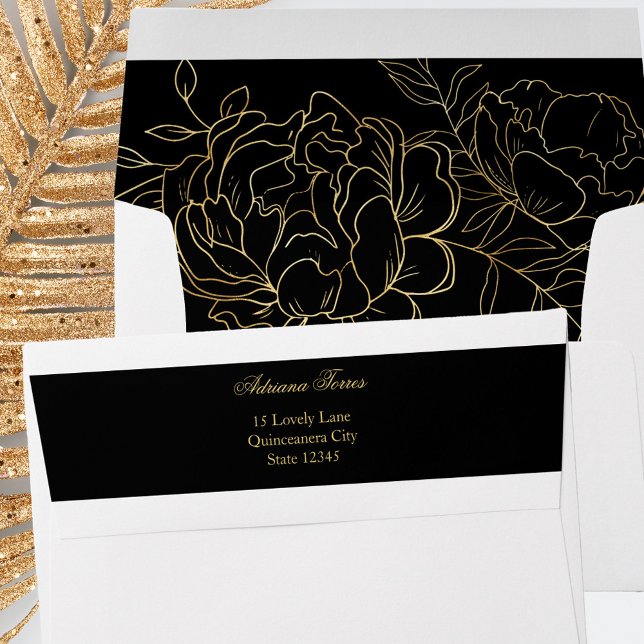 Enveloppe Elégant Black Gold Sketched Floral Adresse de reto (Elegant black and gold envelope from my Gold Sketched Floral Collection)