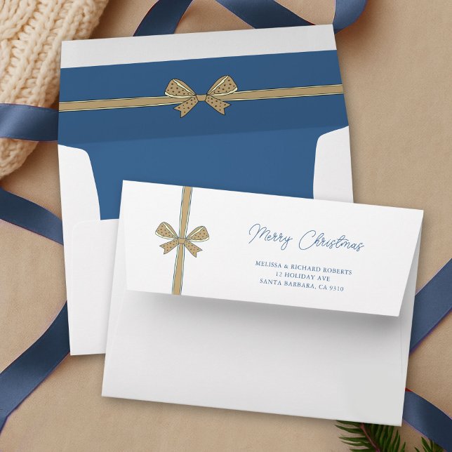 Enveloppe Elégant blanc vaches Bleu Beige Joyeux Noël (Elegant ribbon and bow blue and beige Christmas envelopes)
