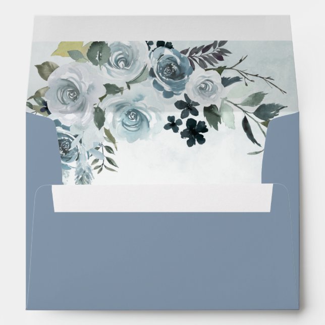 Enveloppe Elégant bleu Dusty Floral Aquarelle Mariage Marine (Dos (Bas))