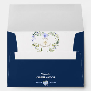 Enveloppe Elégant Blue Floral Gold Cross Boy Confirmation