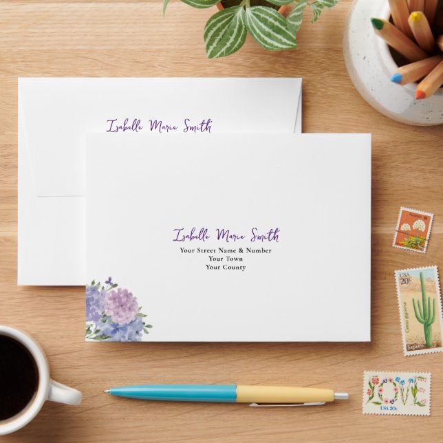 Enveloppe Elégant Blue & Lilac Hydrangea Mariage Floral RSVP (Desk)