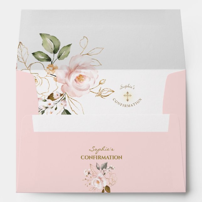 Enveloppe Elégant Blush Floral Gold Cross Girl Confirmation (Dos (Bas))