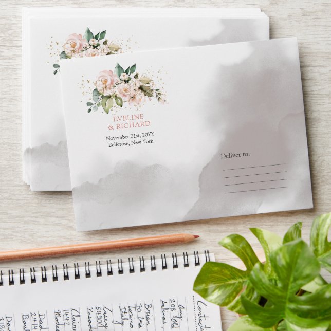 Enveloppe Elégant boho rose rousse roses verdure cadre or (Stacked)