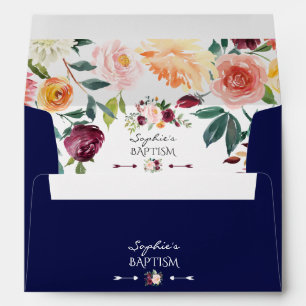 Enveloppe Élégant Brousset de Bourgogne Floral Navy Baptême 