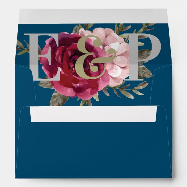 Enveloppe Élégant Burgundy Blush Monogram Floral Mariage (Dos (Bas))