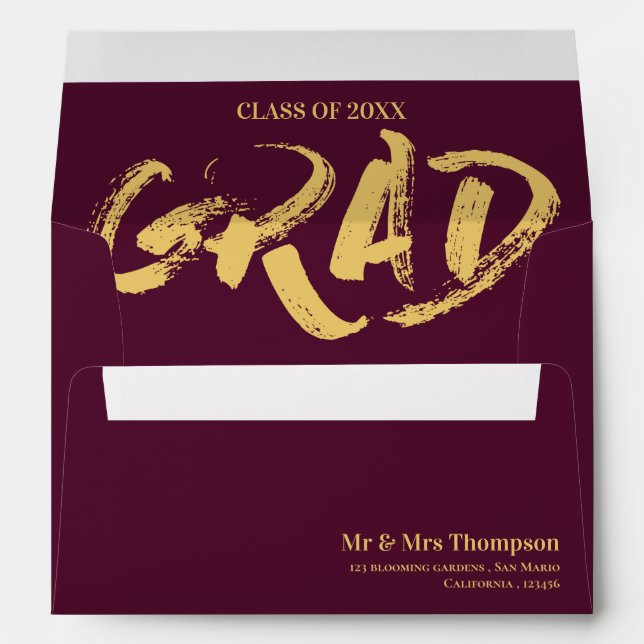 Enveloppe Élégant Burgundy Gold Brush Police Grad Grad Grad  (Dos (Bas))