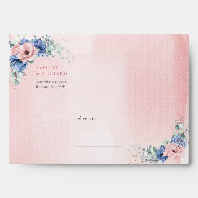 Enveloppe Elégant cadre rose et bleu floral or Dusty (Devant)