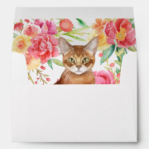 Enveloppe Élégant Chat Brown et Fleurs aquarelles