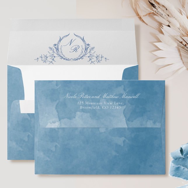 Enveloppe Élégant classique, Aquarelle bleue, Mariage Monogr (Créateur téléchargé)