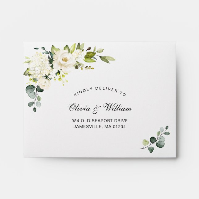 Enveloppe Elégant Eucalyptus Roses Blanches Mariage RSVP (Devant)