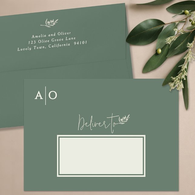 Enveloppe Élégant Faire-part de mariage de branches d'olivie (Olive tree branch wedding invitation suite envelopes, green deliver to pre-printed return address)