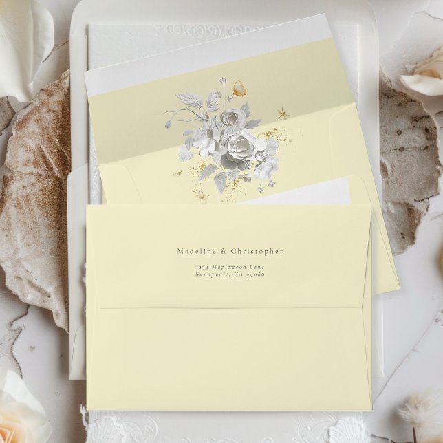 Enveloppe Élégant Faire-part de mariage Floral Blanc Jaune (Créateur téléchargé)