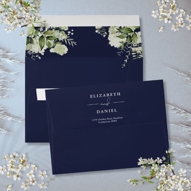 Enveloppe Elégant Floral Greenery Navy Blue Adresse de retou (Elegant Floral Greenery Navy Blue Return Address Envelope)