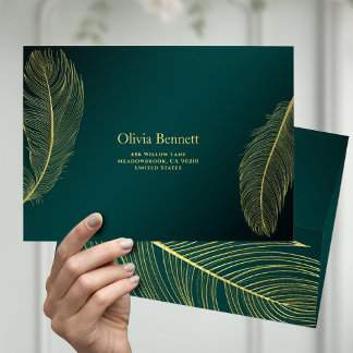 Enveloppe Elegant Gold Feather Envelope Design On Green Back