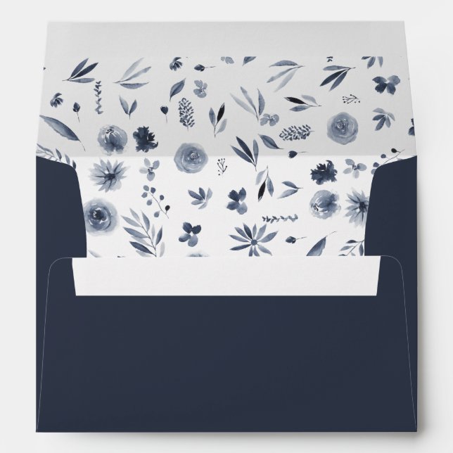 Enveloppe Élégant indigo initia mariage d'aquarelle fleurie (Dos (Bas))