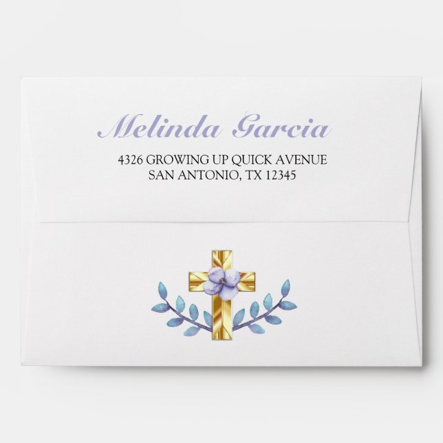 Enveloppe Élégant Lavande Floral Gold Cross Baby Baptism (Dos (Haut rabat))