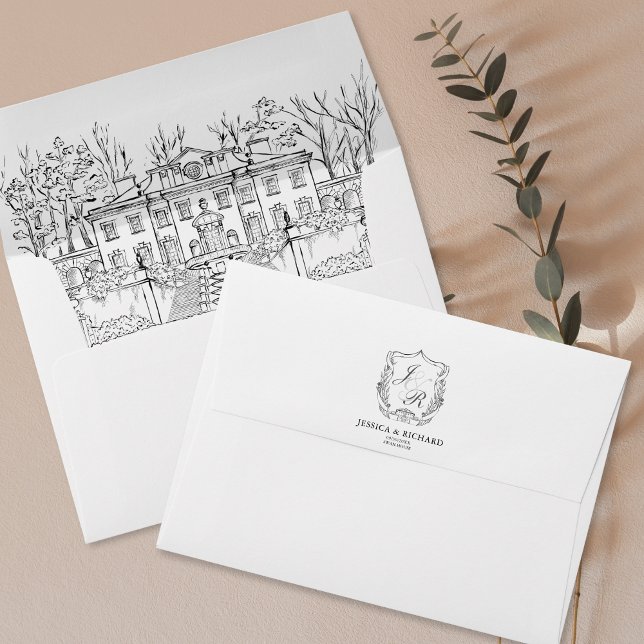 Enveloppe Élégant Lieu Dessiné À La Main Château Monogram Cr (classic hand drawn wedding monogram crest and venue invitation, swan house usa)