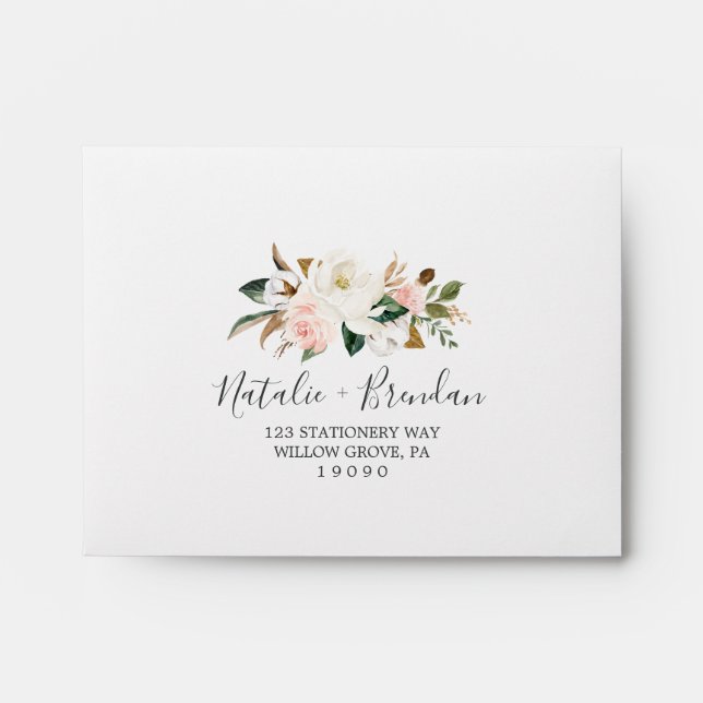 Enveloppe Élégant Magnolia | Blanc auto-adressé RSVP (Devant)