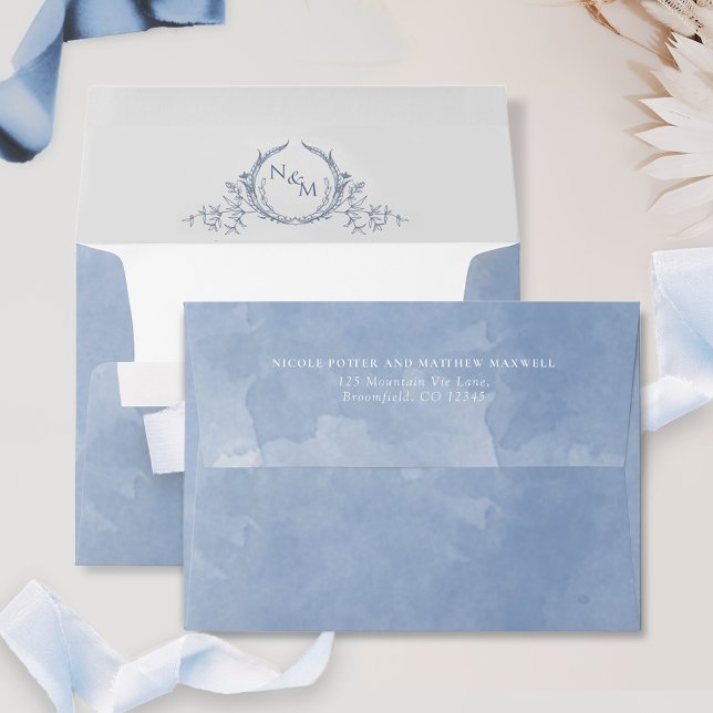 Enveloppe Elégant Mariage de monogramme bleu-dusty (Créateur téléchargé)