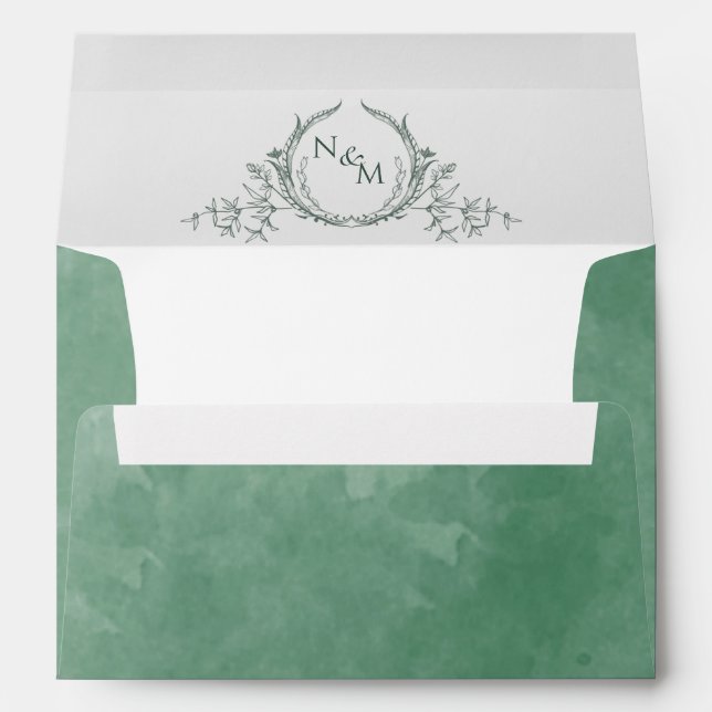 Enveloppe Élégant Mariage de monogramme vert d'aquarelle (Dos (Bas))