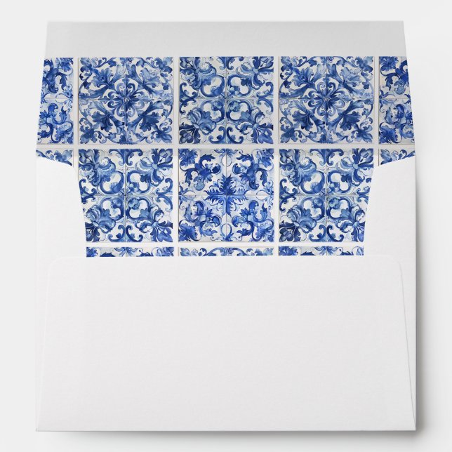 Enveloppe Elégant Mariage de tuiles Bleues Méditerranéennes (Dos (Bas))
