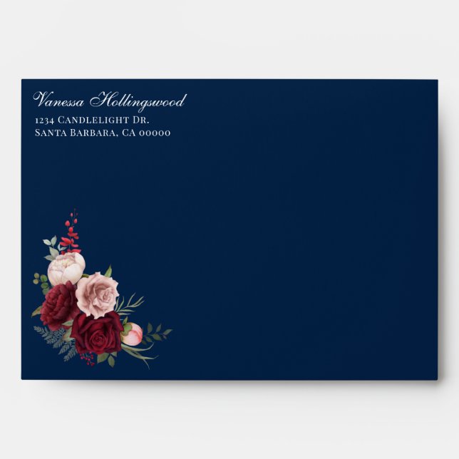 Enveloppe Elégant Mariage floral bleu Bourgogne (Devant)