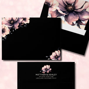 Enveloppe Élégant Mariage floral moderne noir rose