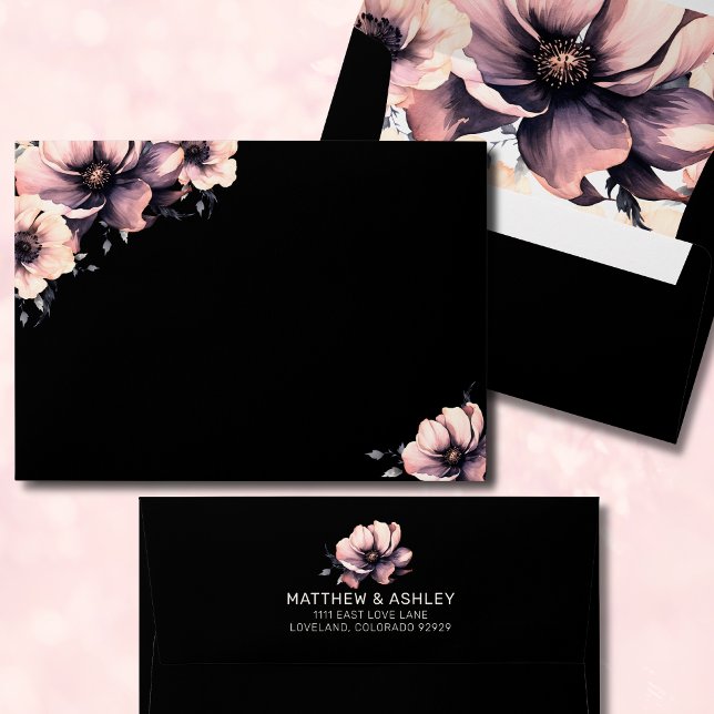 Enveloppe Élégant Mariage floral moderne noir rose (Elegant Trendy Modern Floral Black Pink Wedding envelope)
