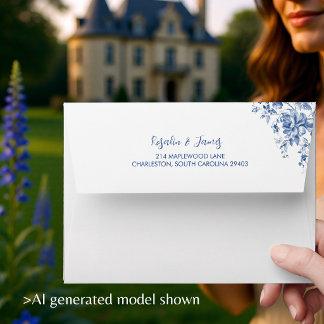 Enveloppe Élégant Mariage Floral Toile de Jouy Bleu Français