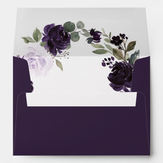 Enveloppe Élégant Mariage floral violet et feuille verte or (Dos (Bas))
