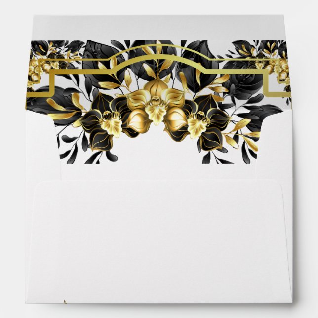 Enveloppe Élégant Mariage géométrique Floral d'or noir (Dos (Bas))